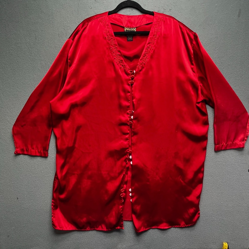 Solange Y2K Red Satin Women Duster Embroidered Button Front  18/20 High‎ Shine